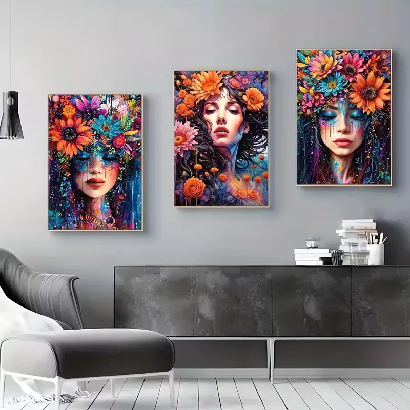 

3pcs Colorful Flower and Female Face Canvas Poster Art Wall, Modern Living Room, Bedroom, Bar or Cafe Wall Home Decoration