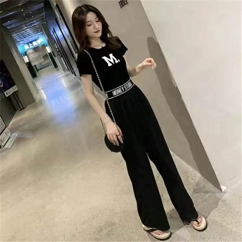 Casual 2 Piece Set Women T-Shirt Top + Harlan Pants Summer Black Trend Tracksuit Women Student Two Piece Outfits Female