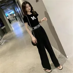 Casual 2 Teilig Frauen T-Shirt Top + Harlan Hosen Sommer Schwarz Trend Trainingsanzug Frauen Student Zwei Stück Outfits Weiblich