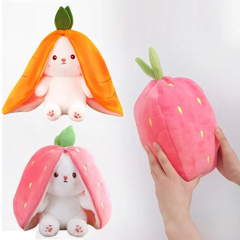 

25cm Cute Strawberry Carrot Rabbit Plush Toy Stuffed Creative Into Fruit Transform Baby Cuddly Bunny Doll for Kid Birthday Gift