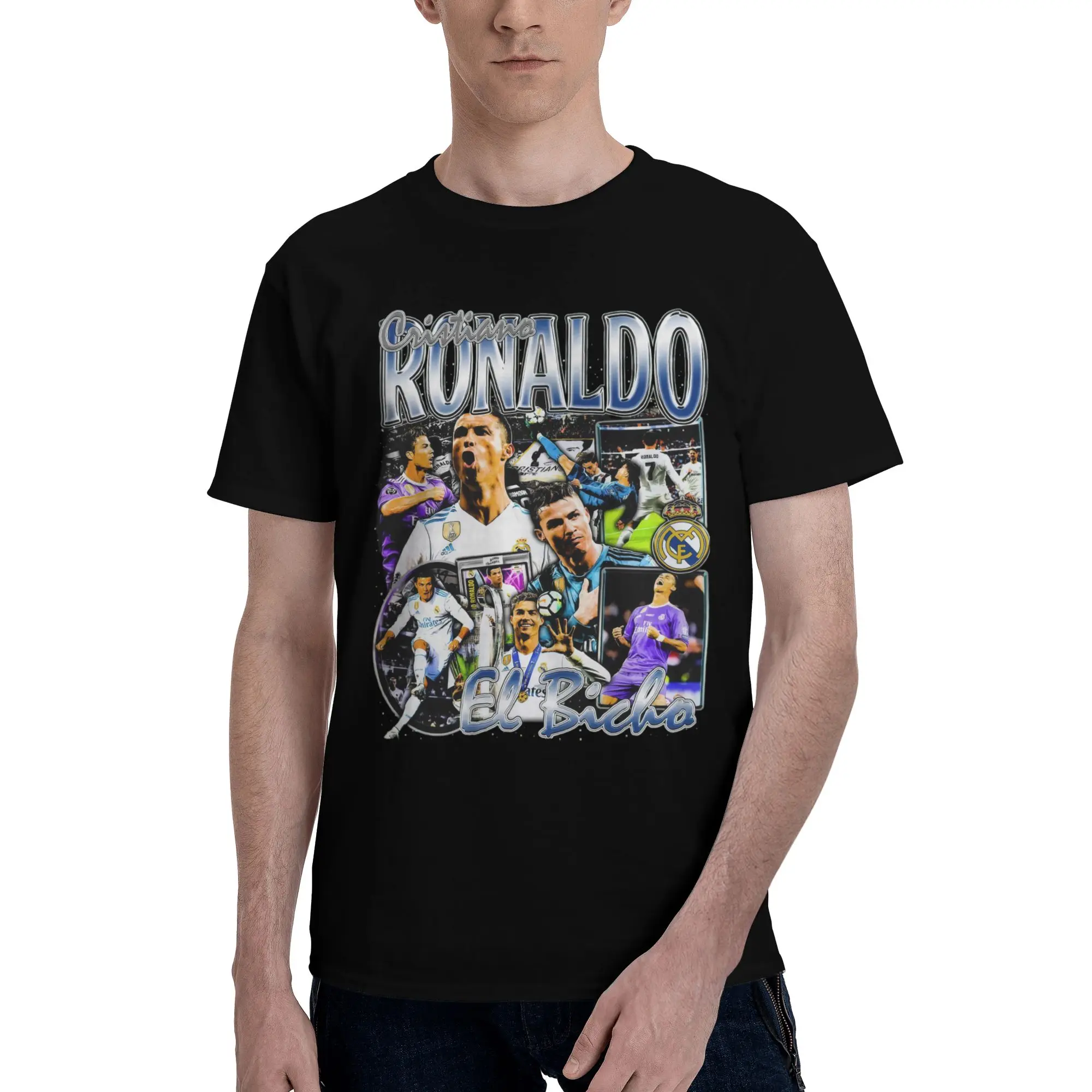 Camiseta de Manga Corta con Cuello Redondo 100% Algodón Personalizada para Hombre, Estampado CR7 El Bicho Glory Collage, Serie CR7 Victory & Passion Print