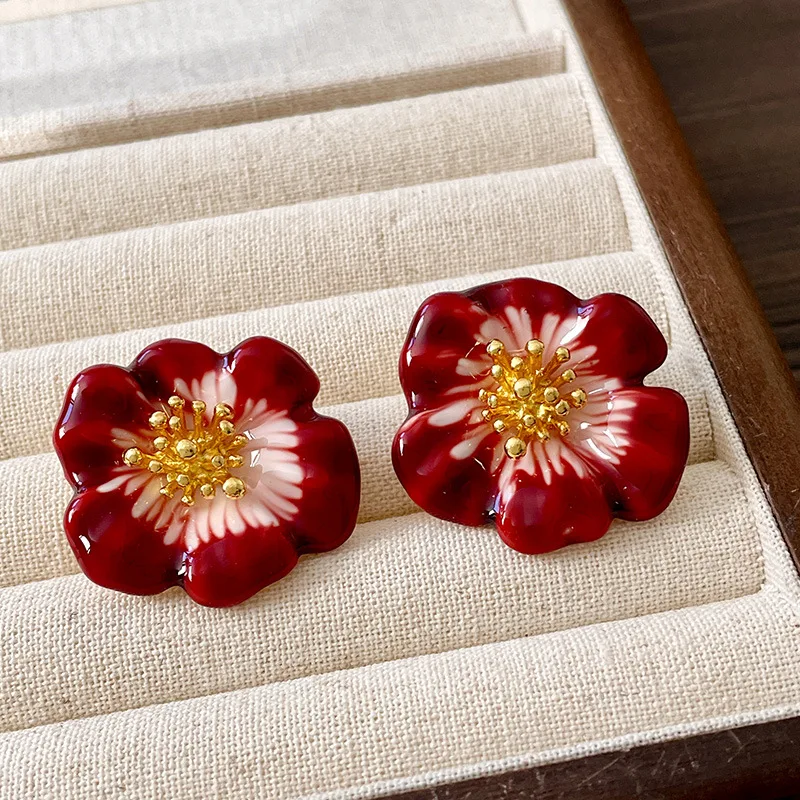 Ankela Red Petal Earrings Vintage Style Hand Painted Enamel Flower Studs High End Jewelry