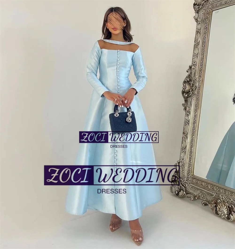Zoci Light Blue Satin A Line Prom Dresses Customized Long Sleeve Button Formal Party Women Prom Gown Ankle Length Birthday Dress