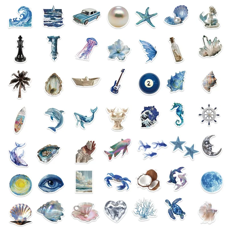 10/30/50PCS Silver Blue Sea PVC Sticker Aesthetic Decoration Scrapbooking Korean Stationery Hand Accounting Supplies for Kids