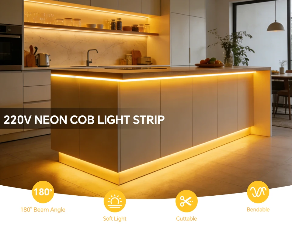 220V COB Led Strip High Density Waterproof COB LED Strip EU Plug Flexible Ribbon for Kitchen Cocina Cabinet Outdoor Garden Light
