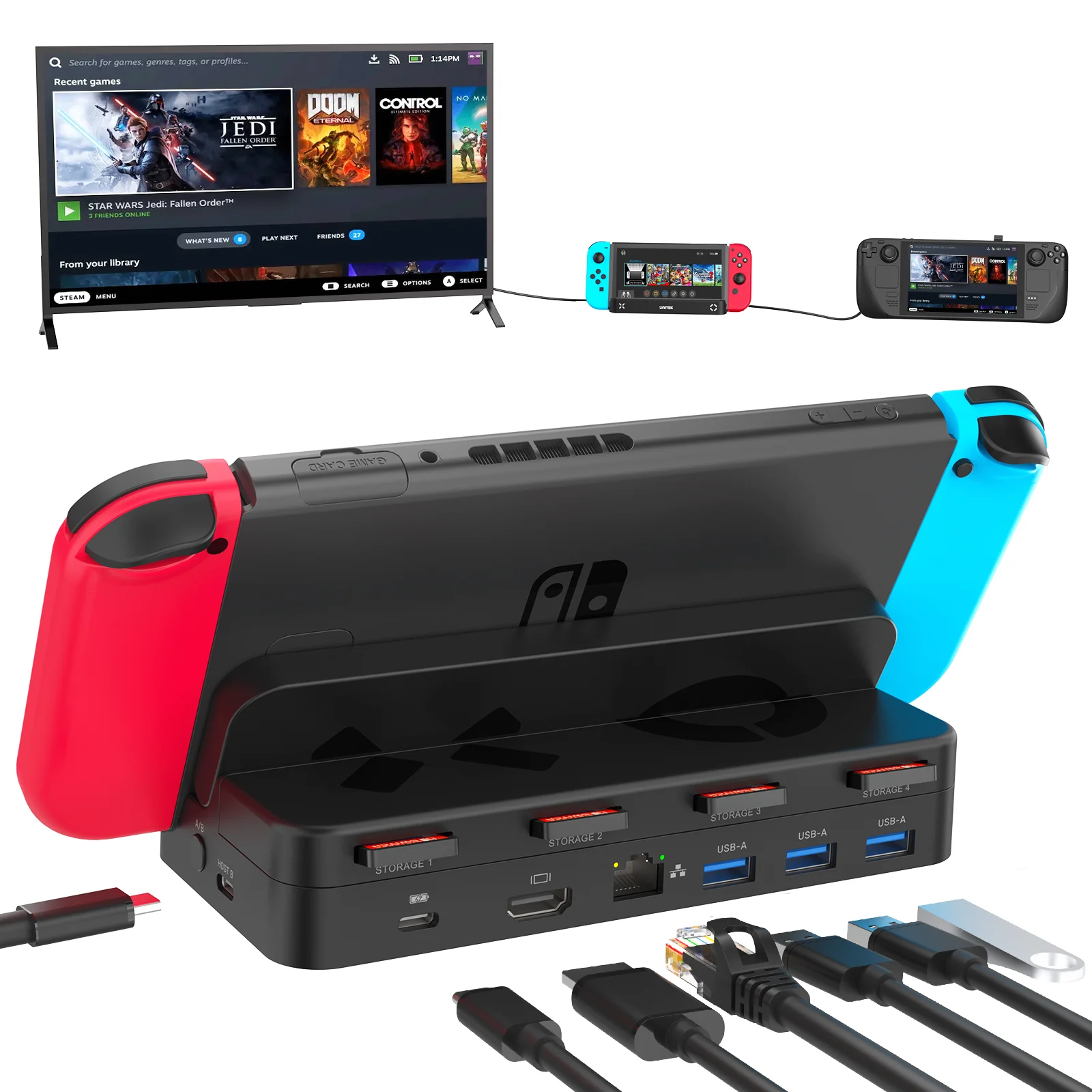 

New Switch Docking Station with 4K@60Hz HDMI Gigabit Ethernet USB 3.0 Hub100W PD Dual Host Dock for Nintendo Switch Steam Deck