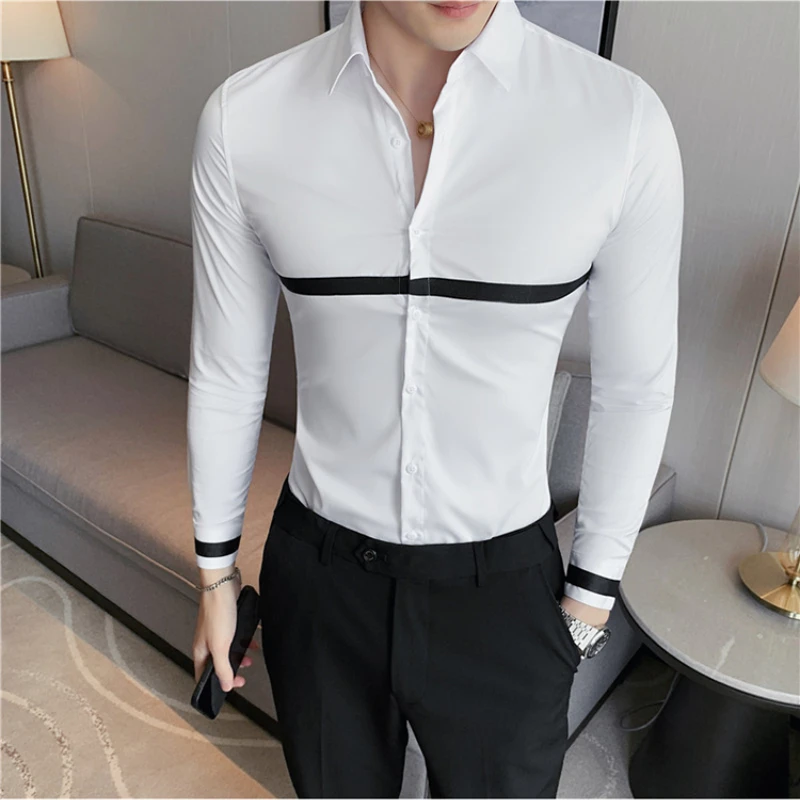 Autumn Long Sleeve Shirts Slim Fit Casual Business Formal Dress Shirts Ribbon Decoration Social Party Office Shirts Men Clothing