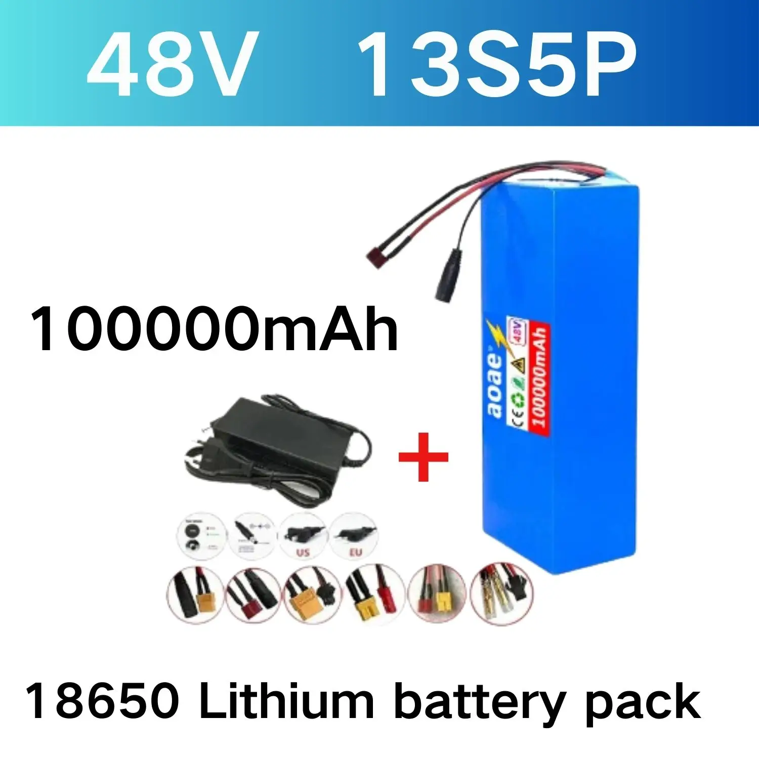 

13S5P 48 В 100000 мАч 48 В 100 Ач литий-ионный аккумулятор с BMS 1000 Вт, подходит для электрических велосипедов 54,6 В, скутеров и зарядного устройства