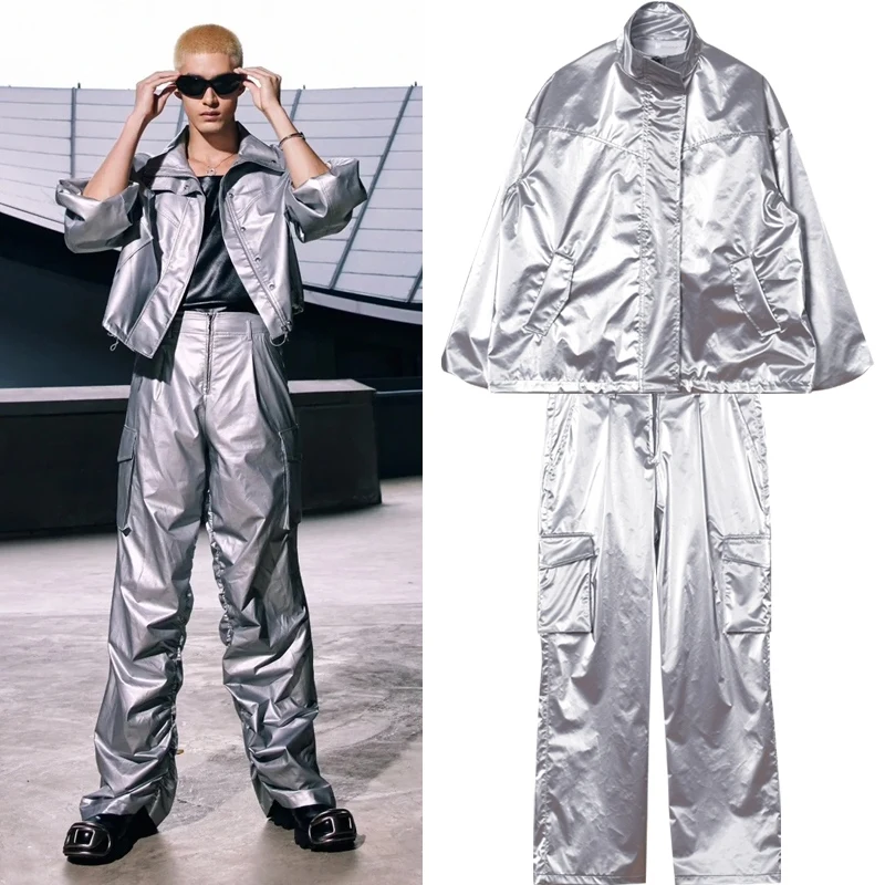 Shiny Silver Casual Suit Functional Jacket Cargo Pants Street Dance Team Performance Outfits Adult Kids Modern Hip Hop Clothes