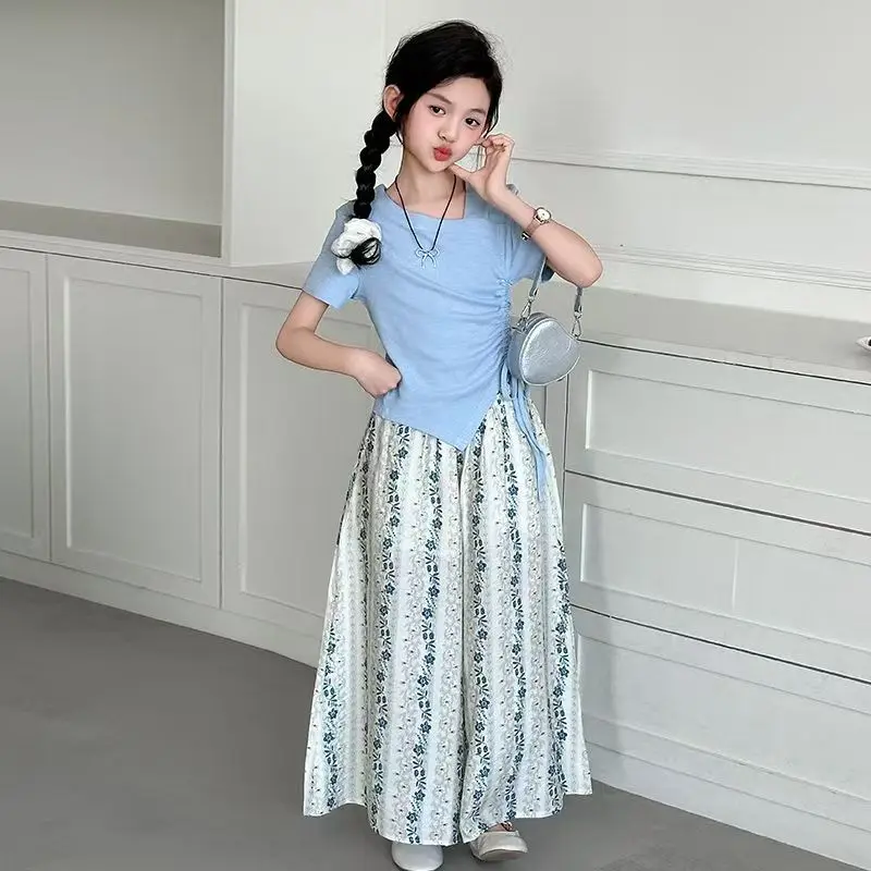 Girls' Summer Casual Set 2026 New Korean Edition Stylish Thin Short Sleeve T-shirt Skirt Pants Two Piece Set