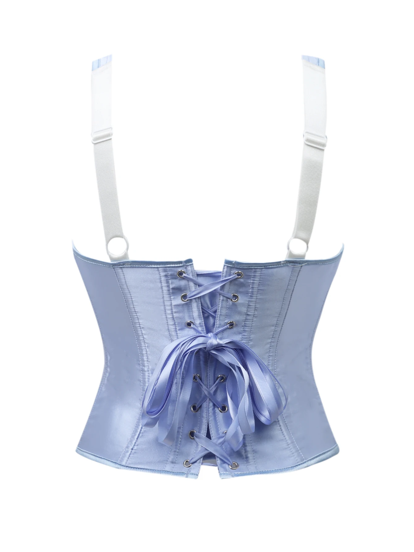 Women's Light Blue Glossy Satin Corset 3D Floral Lace Sweetheart Adjustable Straps Back Lace Up Coquette Bustier Top