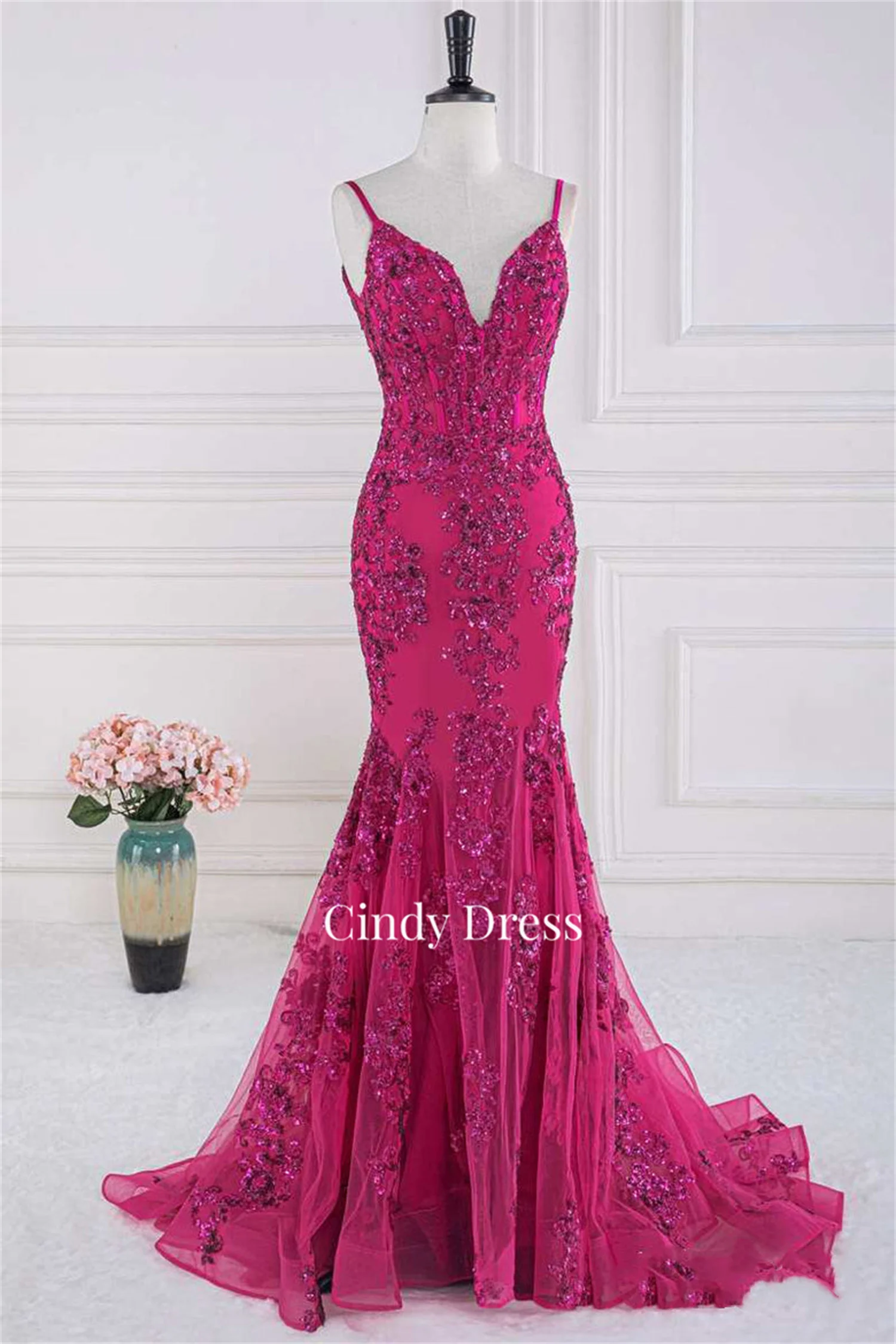 Rose Red Mermaid V-neck Shiny Sequins Lace Elegant Dresses for Women Evening Gown Ladies Customized Party Formal Occasion Luxury