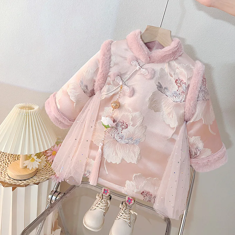 

18M-5Y Girls Dress Chinese Style Thick Hanfu Cotton Coat Velvet Winter New Baby Girls Pink