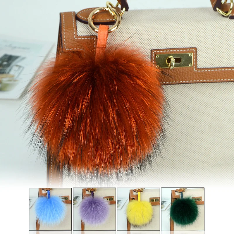 

15cm Large Soft Real Raccoon Fur Ball Key Chains Fluffy Pompom Keychain Keyring Car Bag Accessory