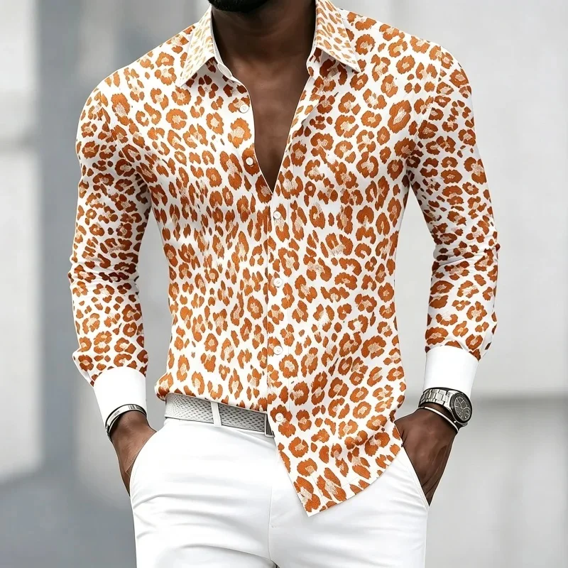 New personalized leopard print men's long-sleeved shirt with contrasting white collar and flip collar, business casual men's top