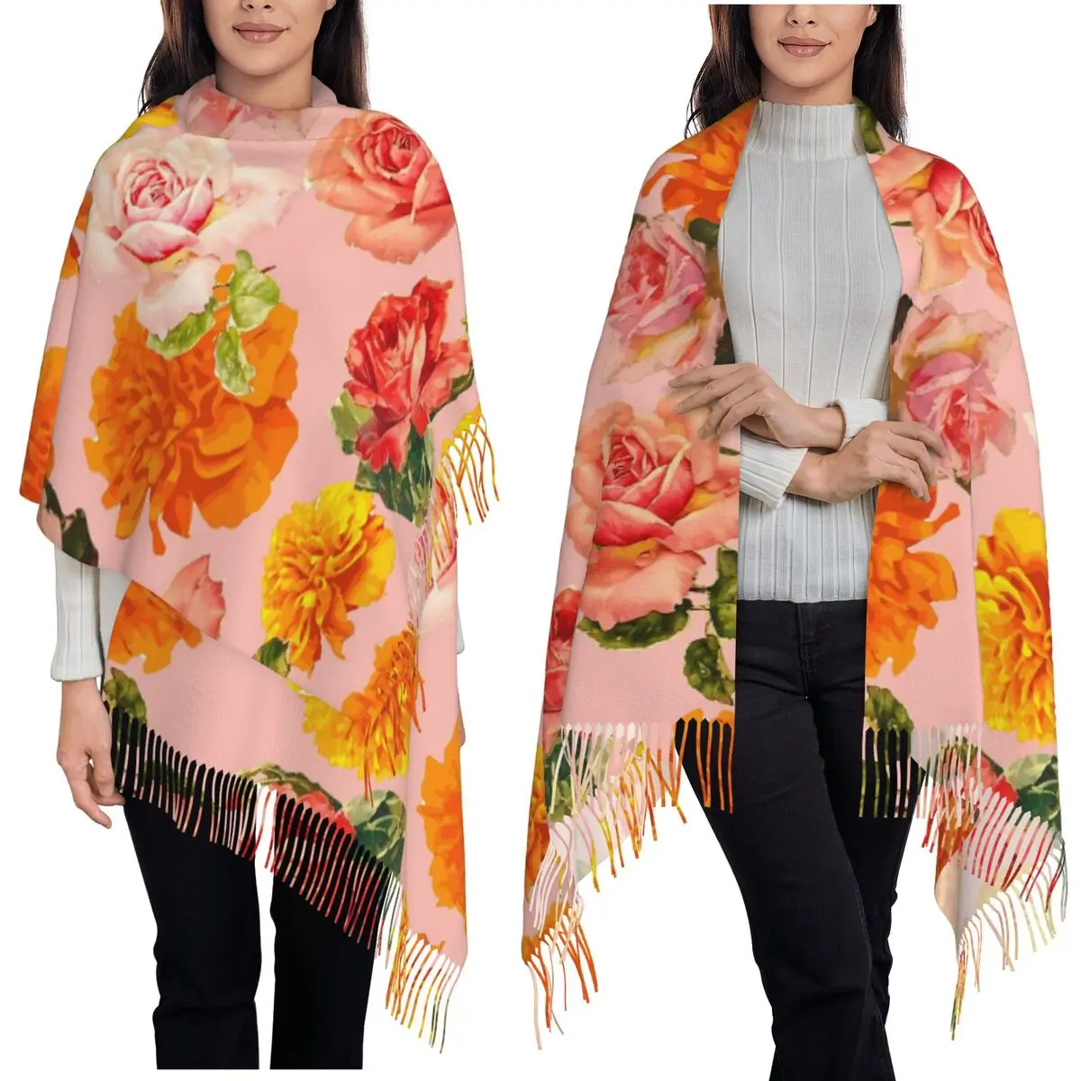 

Шарф с календулами и розами, шарфы с кисточками для женщин, мягкие теплые шали и накидки, длинная осенне-зимняя шаль