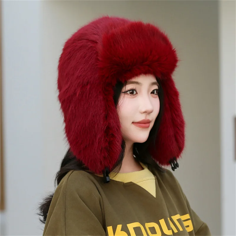 

Fluffy Fur Hats Women's Winter Hat Warm Ear Protection Snow Ski Cap Female Faux Fox Fur Bomber Hat Windproof Russian Hat Bonnet
