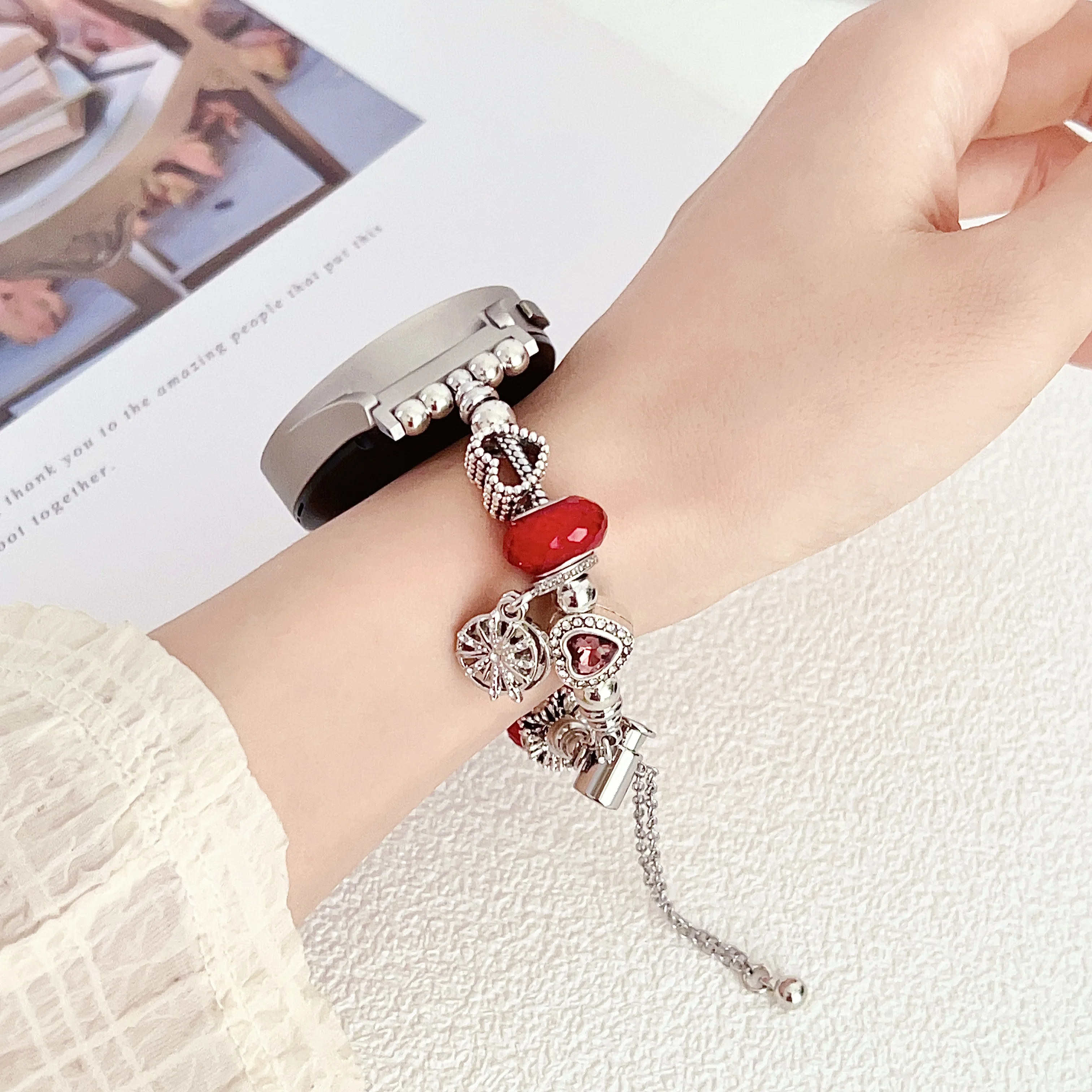 Correa de metal para reloj Samsung, pulsera con cuentas de Pandora, cadena para mujer de 20mm y 22mm, pulsera de concha de flor de amor estético