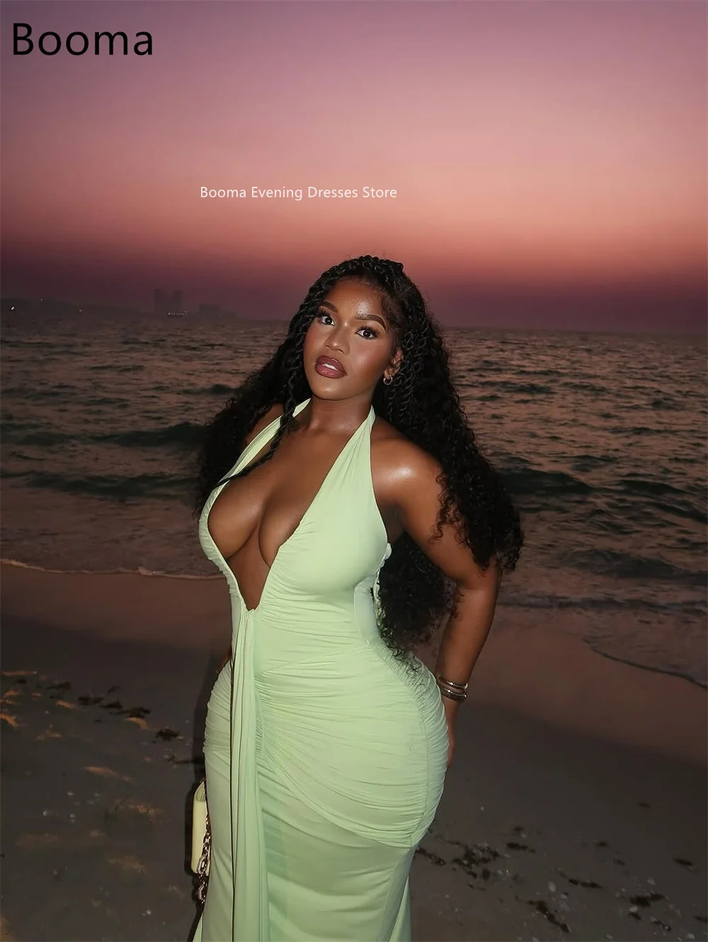 Booma فساتين طويلة مثيرة بحورية البحر ورقبة على شكل حرف V فساتين حفلات رسمية للنساء بدون أكمام مطوي فستان حفلات بسيط مخصص #4