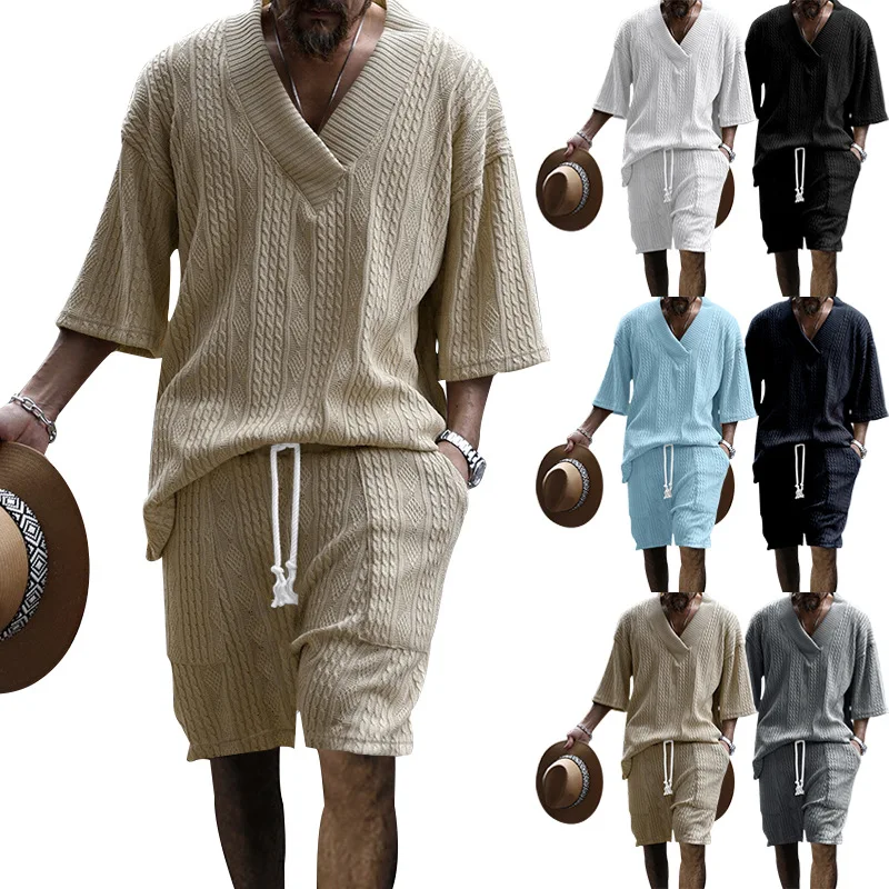 

New European and American Casual Loose Centre Sleeve Jacquard Sweater Top Shorts Men's Suit Beach Suit