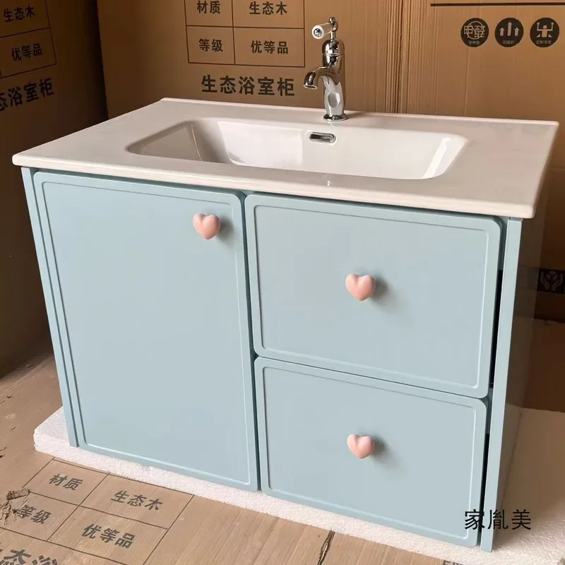 Blue Solid Wood Bathroom Vanity Set with Hand Wash Basin Modern Painted Washstand Combo for Home Bath