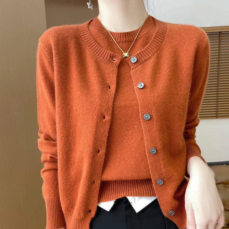 Women\'s Two-piece Sweater Autumn Winter New 100% Merino Wool Round neck Knitted Cardigan Fashionable Solid Color Suit Tops