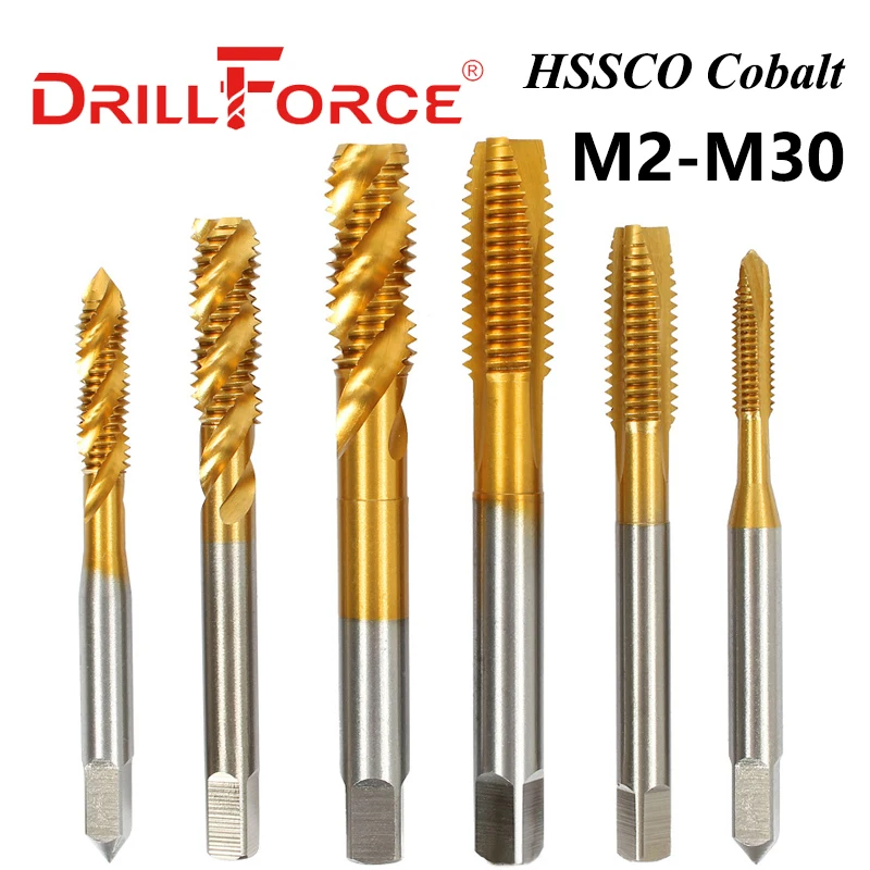 Drillforce Kobaltowy gwintownik do gwintów Wiertła Spiralny, spiczasty rowek Metryczny M2-M30 Gwintownik maszynowy z powłoką tytanową do stali nierdzewnej