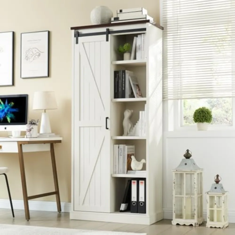 

"72-inch tall farmhouse style bookshelf with 32-inch wide wooden frame and sliding barn door, featuring 5-tier adjustable storag