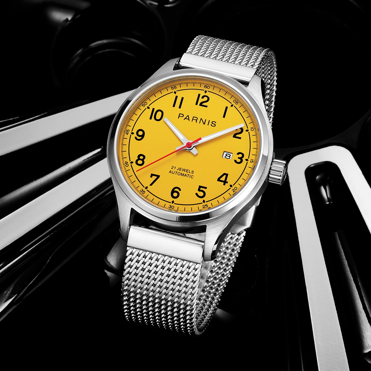 New Arrival Parnis 43MM Yellow Dial Men\'s Automatic Mechanical Watches Calendar Sapphire Glass Men Watches With Box Gift 2023