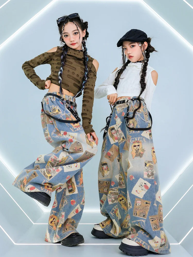 

Girls Jazz Dance Hip Hop Performance Costume Kids Exposed Shoulders Jeans Suit Boys Walking Show Trendy Street Dance Clothes Set