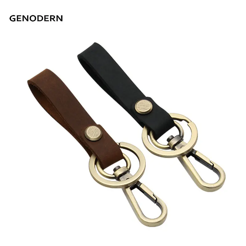 GENODERN Handmade Car key holder Vintage Genuine Leather Key Holder for Men Cowhide Tag Plated Bronze Ring Key Holder