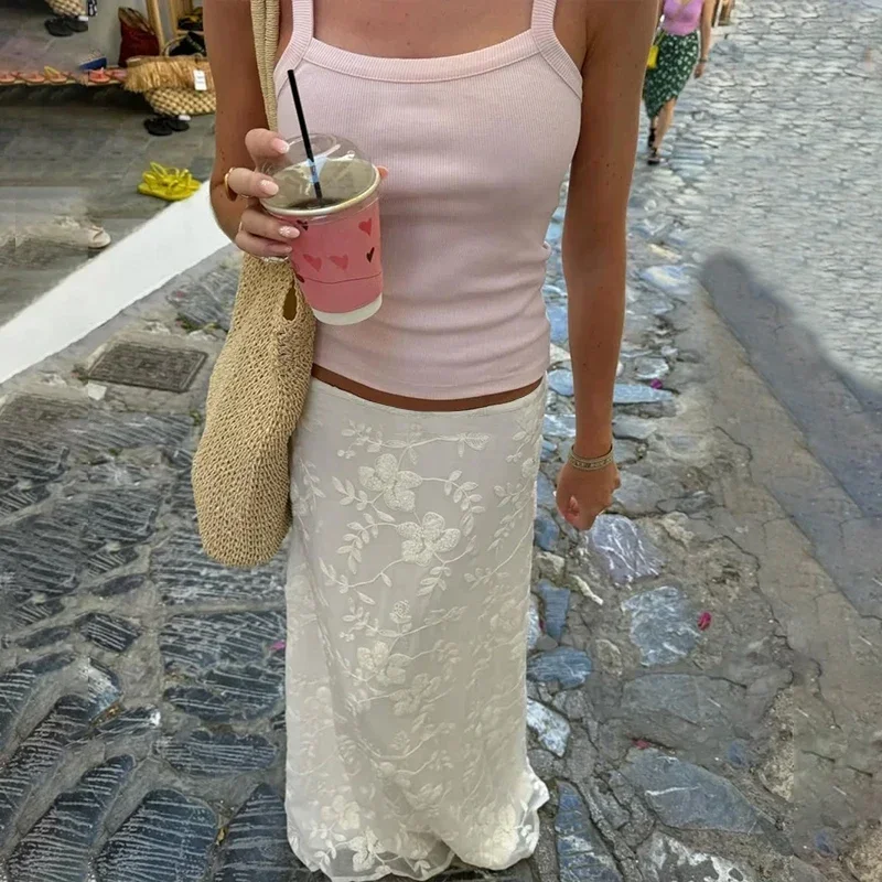 Elegant French A-Line Mesh Fashion Long Skirts Vintage High Waist Casual Spring Summer Evening Party New Maxi Skirt
