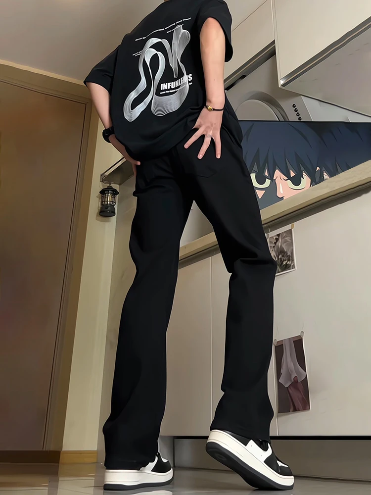 

High Waist Slim Fit Bla Elastic Waist Jeans Men's Thin Summer OOTD American Sle Long Leggings Bell Bot