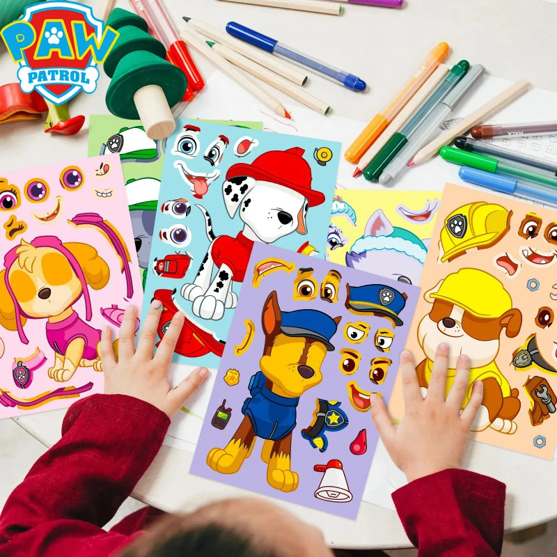 Original Paw Patrol Cartoon Puzzle Sticker Toy 6pcs/set Diy Face Swap Stickers Assemble Jigsaw Anime Chase Skye Make A Face Gift