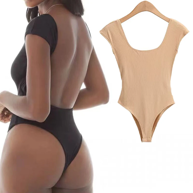 

Summer Bodysuits New Casual Basic Hotsweet Sexy Bodycon U-neck Solid Slim Fit Short-sleeved Tops Women's Tight Backless Jumpsuit