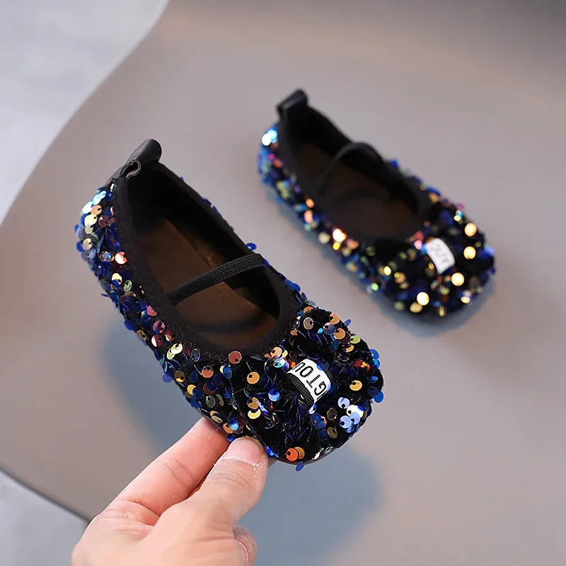 Girls Shoes Kids Glitter Leather Shoes for Wedding Stage Party Sequins Bling Shiny with Bow-knot Princess Soft Children\'s Flats