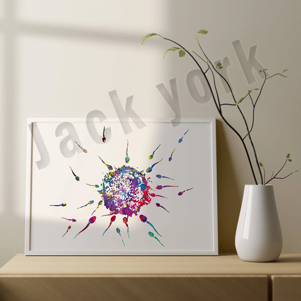 Sperm and Egg Human Fertilization Print Sperm Floating to Egg Biology Poster, Medical Science Watercolor Print