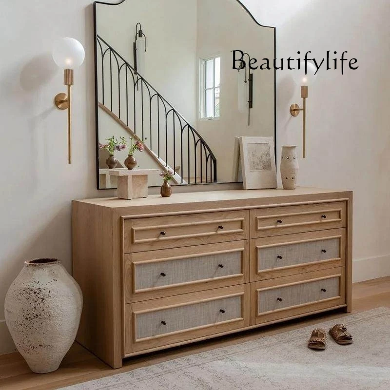 French solid wood bedroom, bedside TV cabinet, American retro contrasting color storage cabinet, against the wall storage