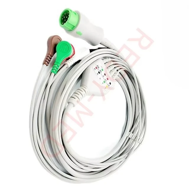Kabel EKG 5-odprowadzeniowy z zaciskami typu snap AHA, kompatybilny z Mindray UMEC10-12