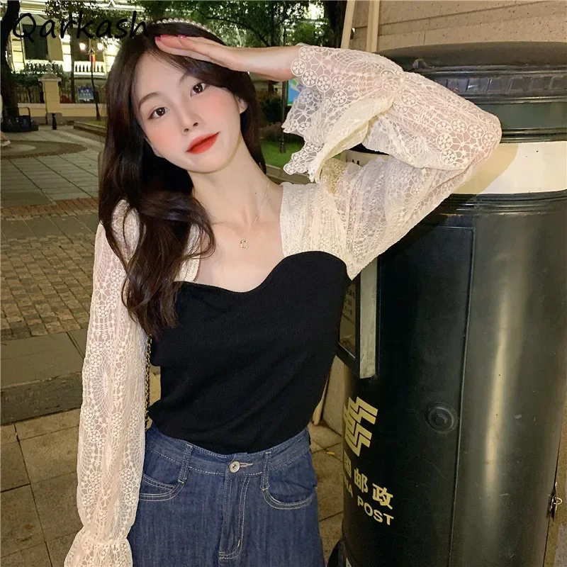 

Blouses Women Patchwork Lace Spring Slim Fit Tops Stylish Vintage Tender Basic Clothing Female Elegant Popular Ulzzang Fashion