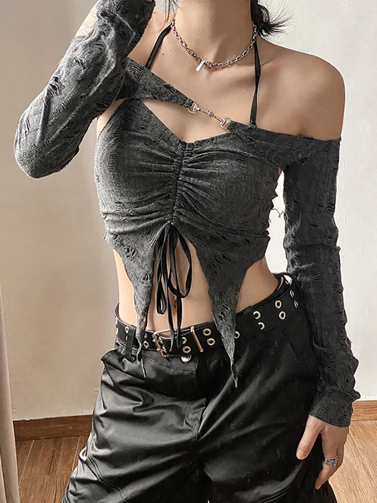 Goth Dark Vintage Mall Gothic Drawstring Women T-shirts 2 Piece Set Y2k Retro Fairy Grunge Camisole Long Sleeve Buckle Crop Tops