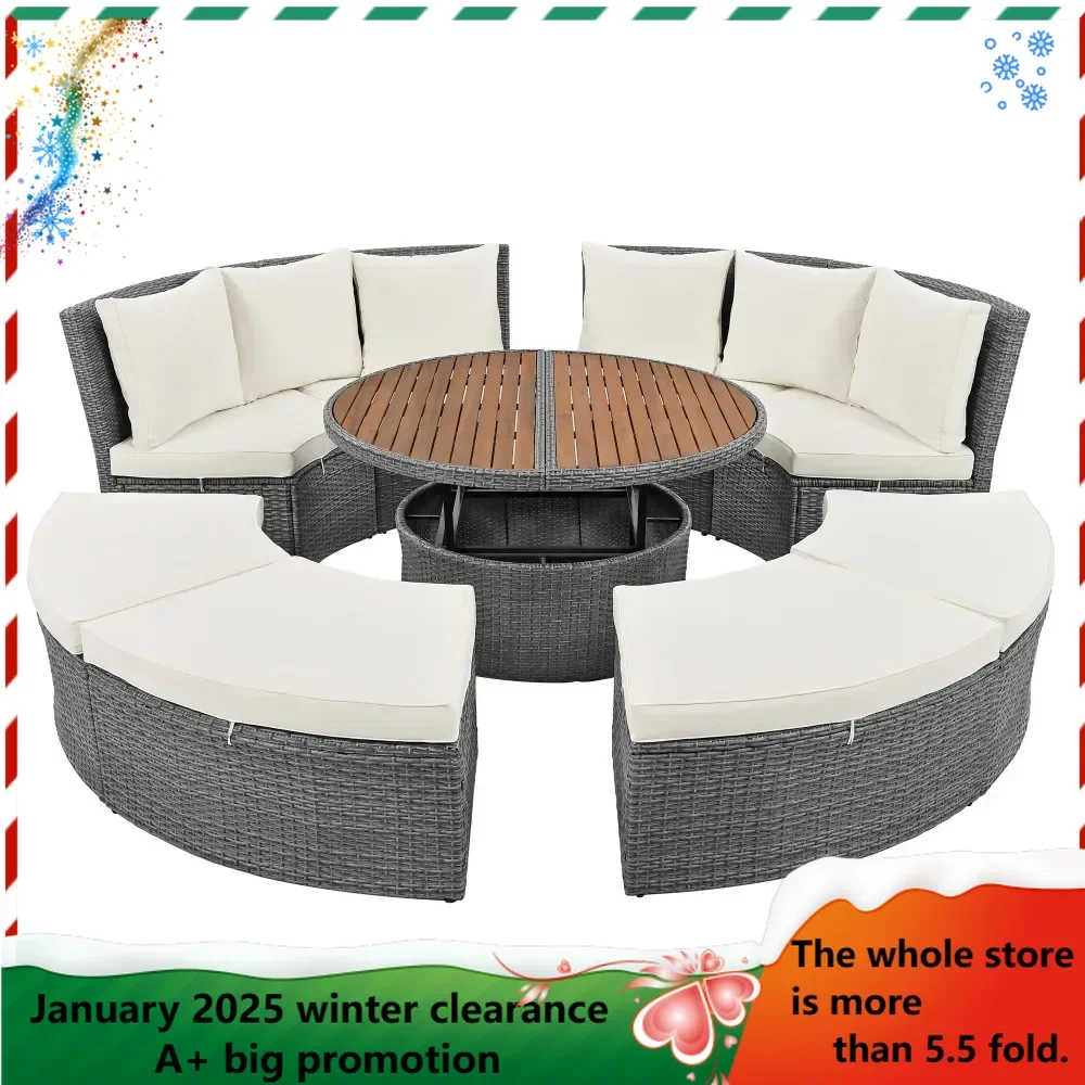 Terrace 5-piece round rattan sofa set wicker sunbed sofa bed with round lifting table and washable mat Garden Furniture Sets