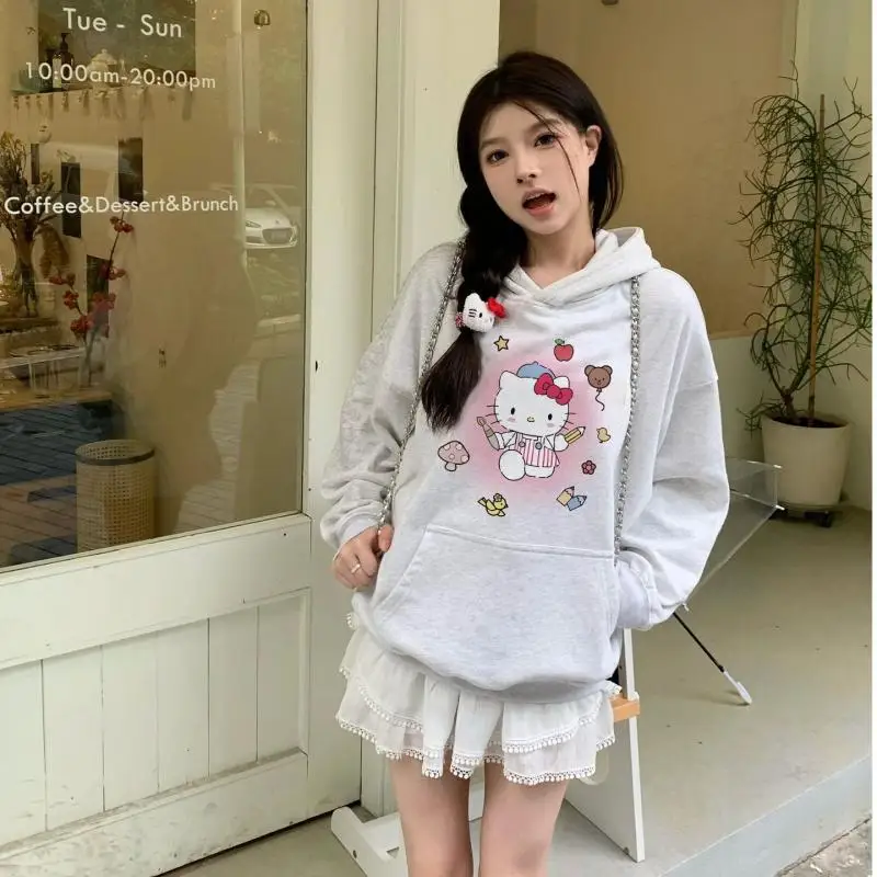 Sanrios Hello Kittys Kuromi 100% Cotton Hooded Sweater Autumn Winter American Retro Y2K Women's Clothing Loose Fashion Tops Gift