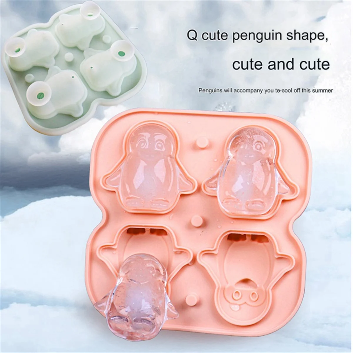 

New Penguin Ice Cube Mold, Fun Shapes Ice Cube Tray, Make 4 Cute Penguin Ice Balls for Drinks Cocktails Iced Coffee Pink