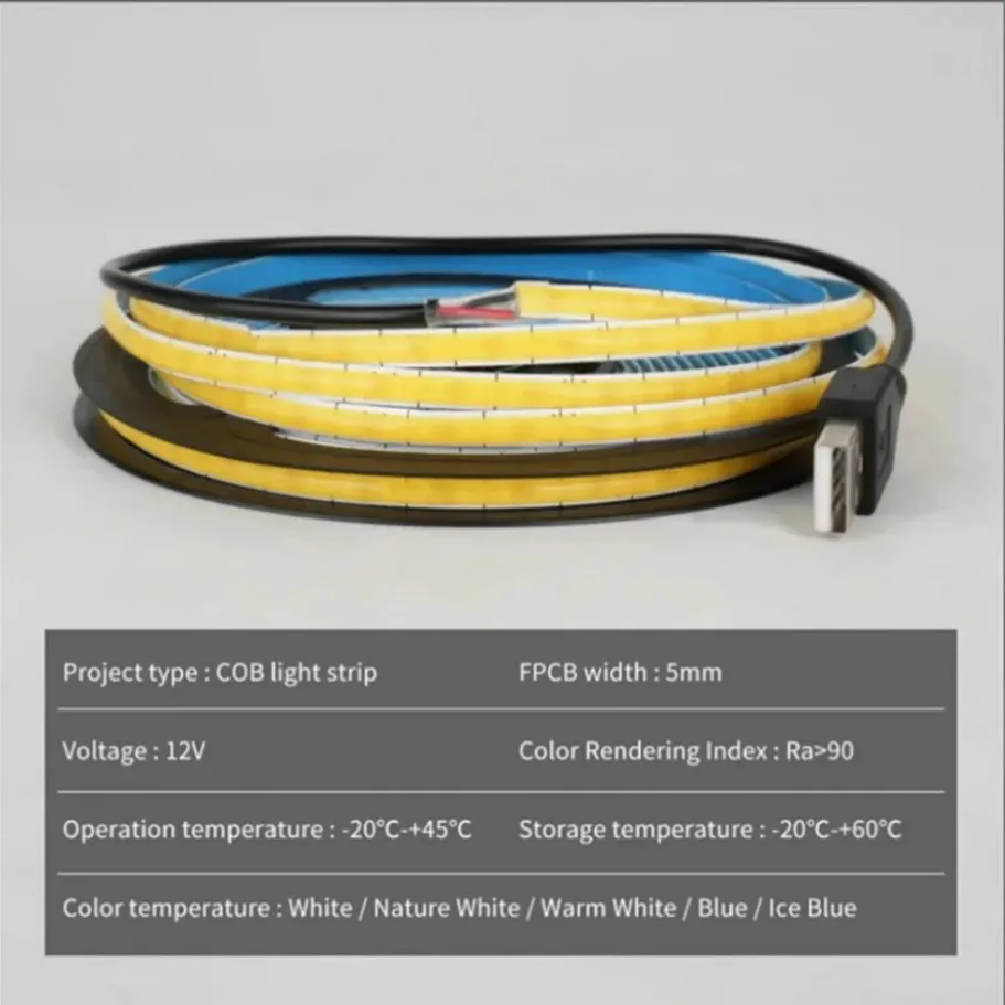 5MM DC 5V 12V USB LED COB Strip 1- 5m LED Strip White Warm White TV Background Lighting light Strip Tape Home Decor String Light