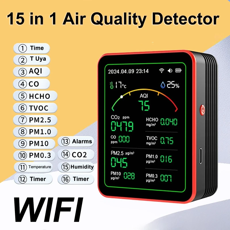 

Детектор качества воздуха Tuya WiFi 15 в 1: CO/CO2/HCHO/TVOC/AQI/PM0.3/PM1.0/PM2.5/PM10, измеритель температуры и влажности