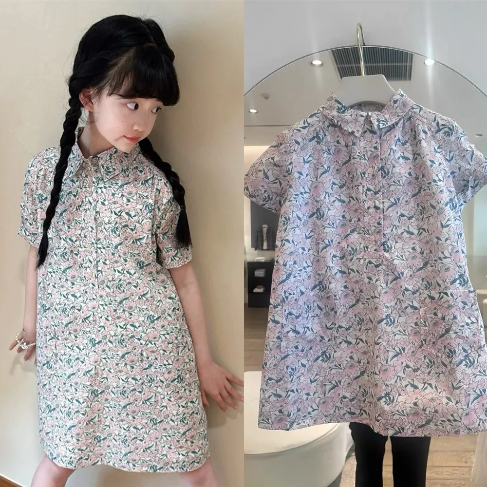 

kids girls clothes baby dress French style shirt style straight leg dress High quality printed collar short sleeved dress