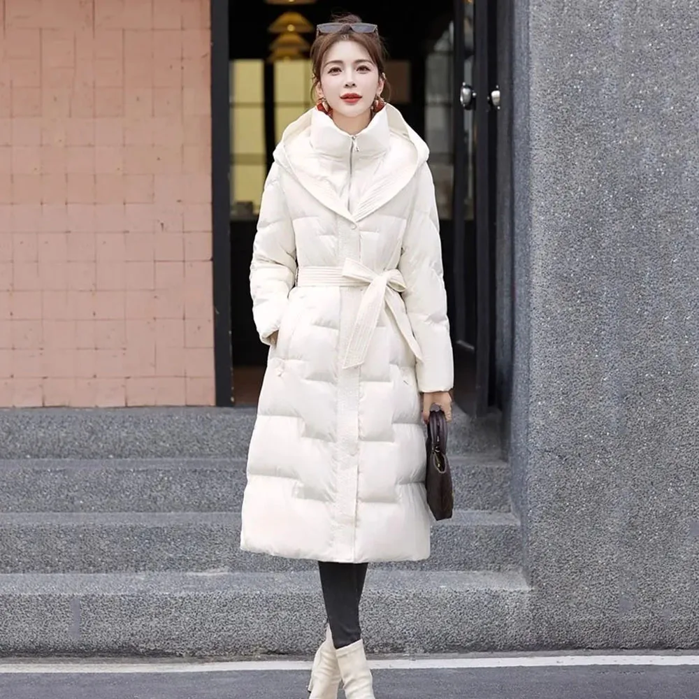 2024 Off-season Explosions Fashion High-end Temperament In The Long Leisure Over-the-knee Belt White Duck Down Warm Coat Women