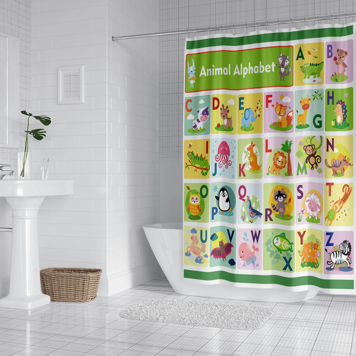 Kids Educational Learning Alphabet Tool Shower Curtains Set with 12 Hooks, Funny Teaching Words Colorful Bathroom Decor