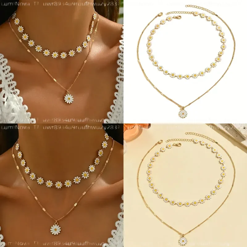 2pcs Women Bohemian Daisy Flower Necklace Handmade Chain Jewelry Stylish Classic for Daily Wear Vacation Outing Photo